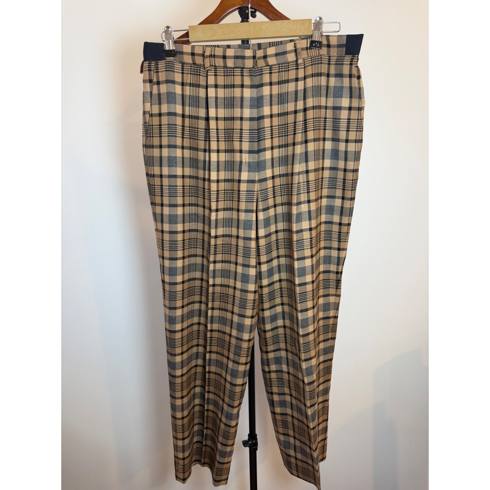 Pendleton Vintage Wool Plaid Trousers Tan Black Pleated Tapered Pants Size 12
